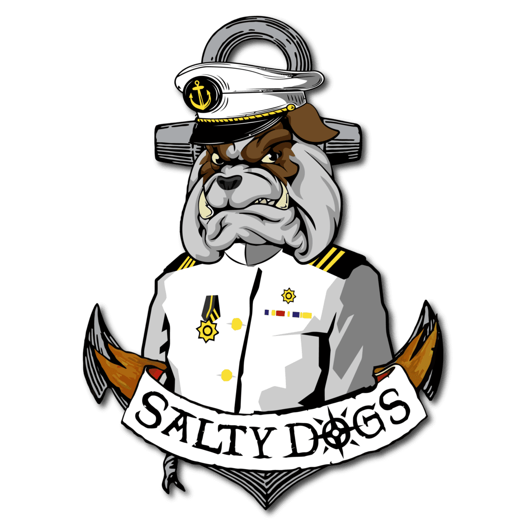 A drawing of a bulldog wearing a sailor 's uniform.