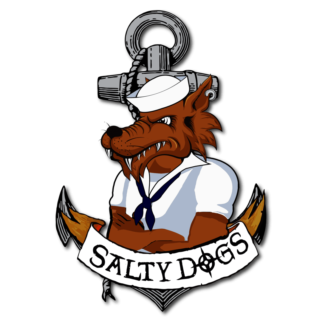 A cartoon of a sea dog with the words salty dogs on it.